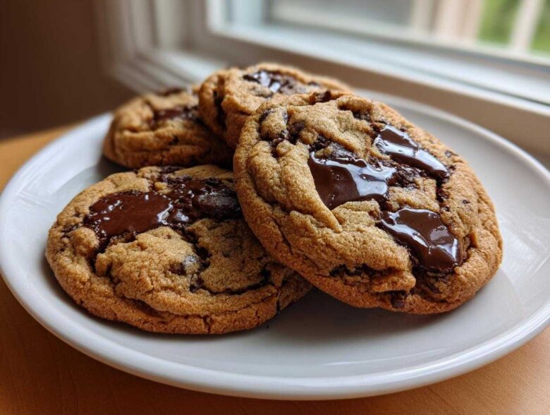 Close-up of three freshly baked vegan chocolate chip cookies with gooey, melted chocolate pools on a white plate.