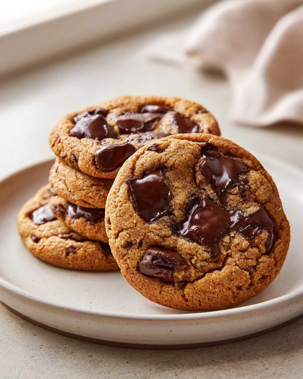 A stack of freshly baked vegan chocolate chip cookies with gooey, melted chocolate chunks on a light plate.