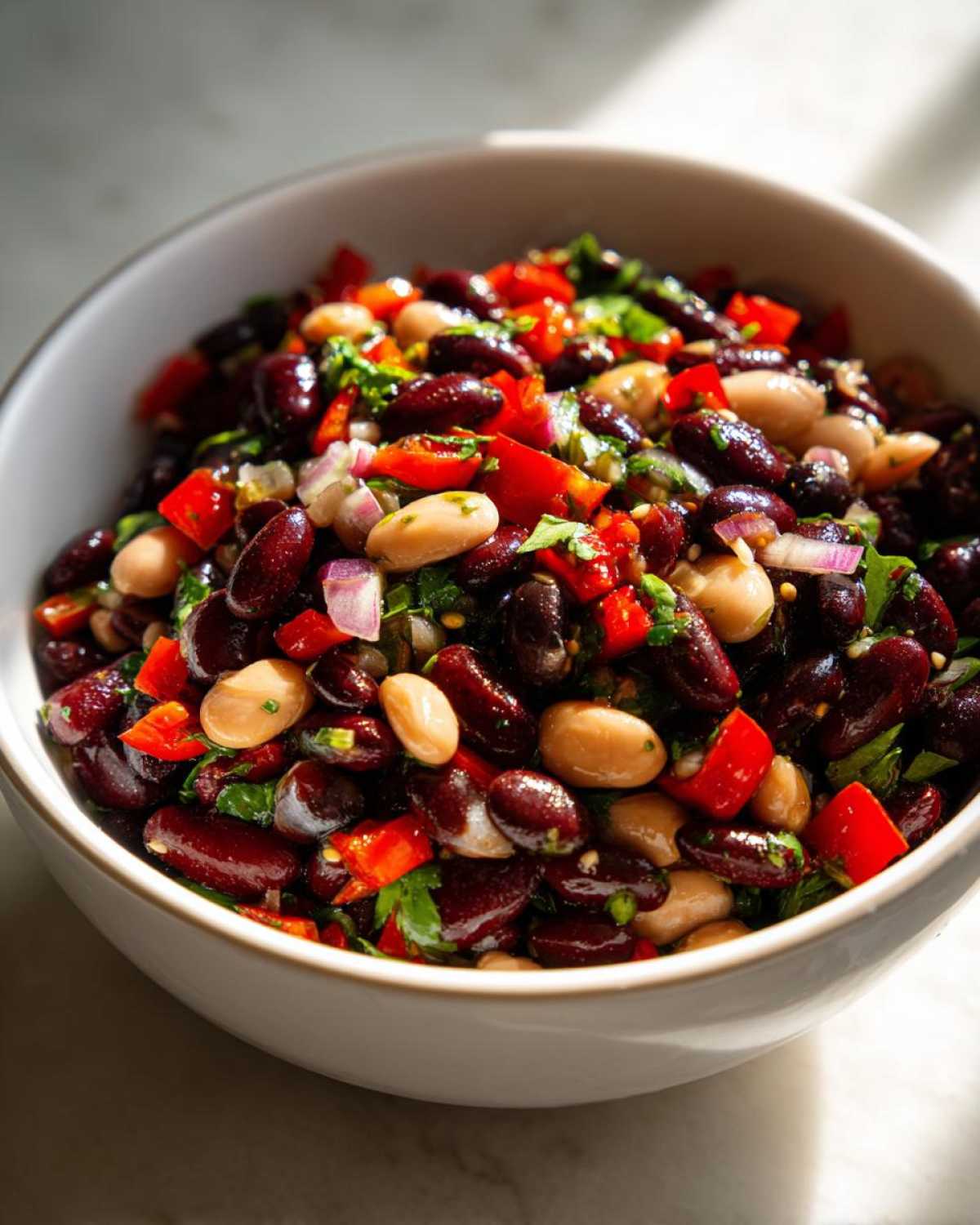 Close-up of a vibrant bean salad featuring dark kidney beans, white beans, red bell peppers, and red onion.