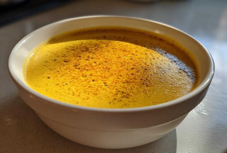 Close-up of a vibrant, creamy yellow cheese soup topped with dark spices in a white bowl.