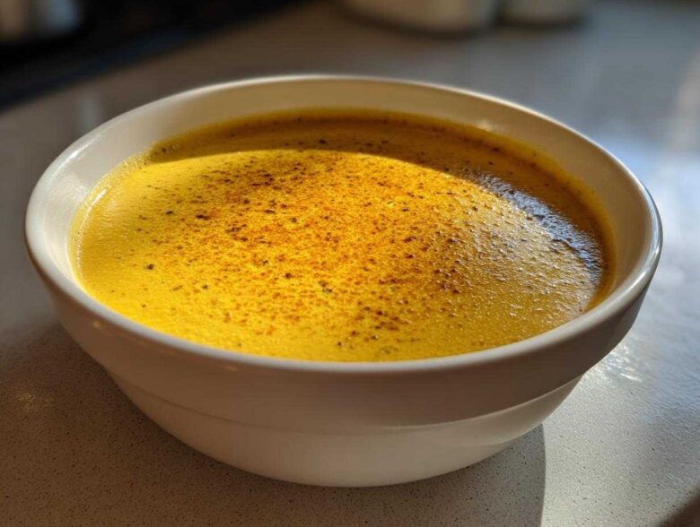 Close-up of a vibrant, creamy yellow cheese soup topped with dark spices in a white bowl.