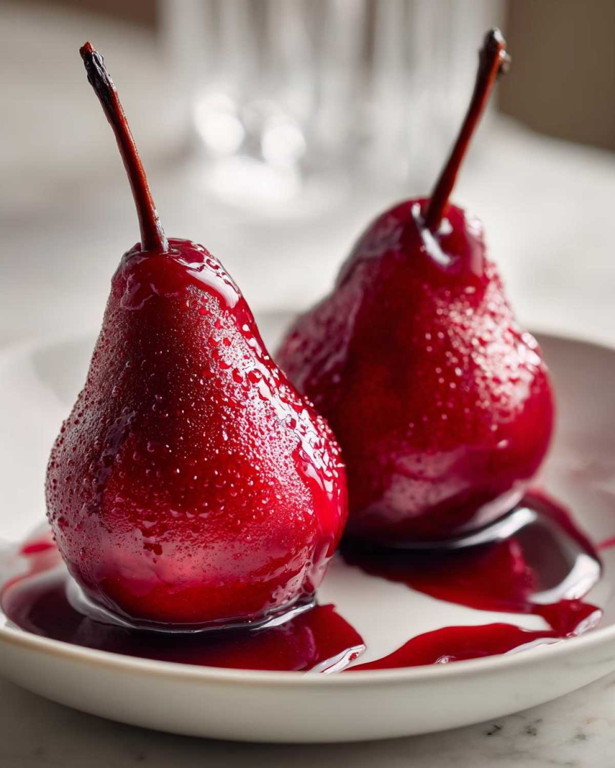 Close-up of two glistening, deep red poached pears sitting in a pool of rich syrup on a white plate.