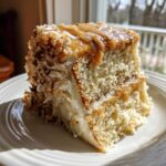 A close-up slice of white German chocolate cake with coconut flakes and caramel drizzle.