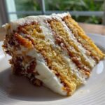 A close-up slice of white German chocolate cake showing layers of yellow cake, white frosting, and pecan/coconut filling.