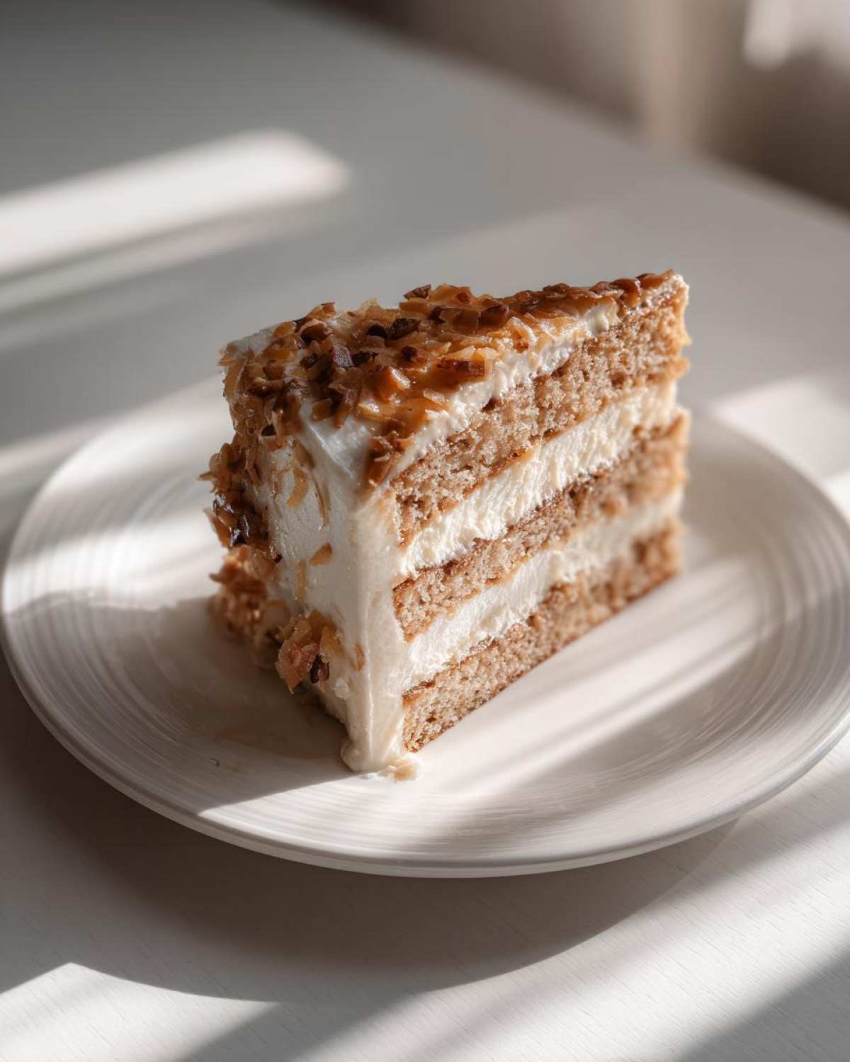 A tempting slice of white German chocolate cake with layers of cake and cream, topped with toasted coconut.