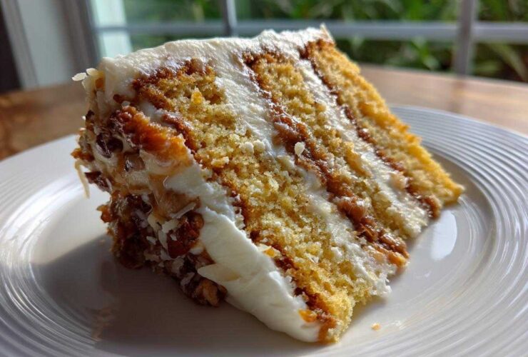 A close-up slice of white German chocolate cake showing layers of yellow cake, white frosting, and pecan/coconut filling.