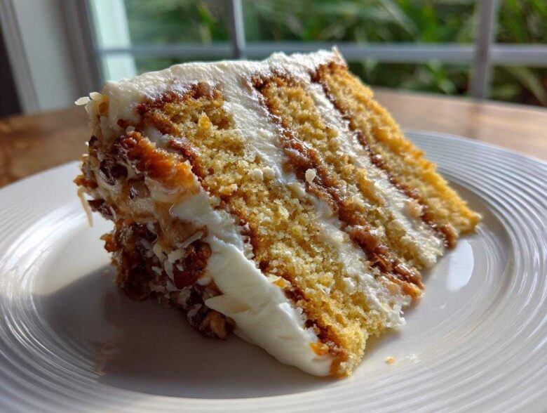A close-up slice of white German chocolate cake showing layers of yellow cake, white frosting, and pecan/coconut filling.