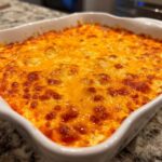 Close-up of a bubbly, golden-brown baked chili cheese dip in a white square baking dish.