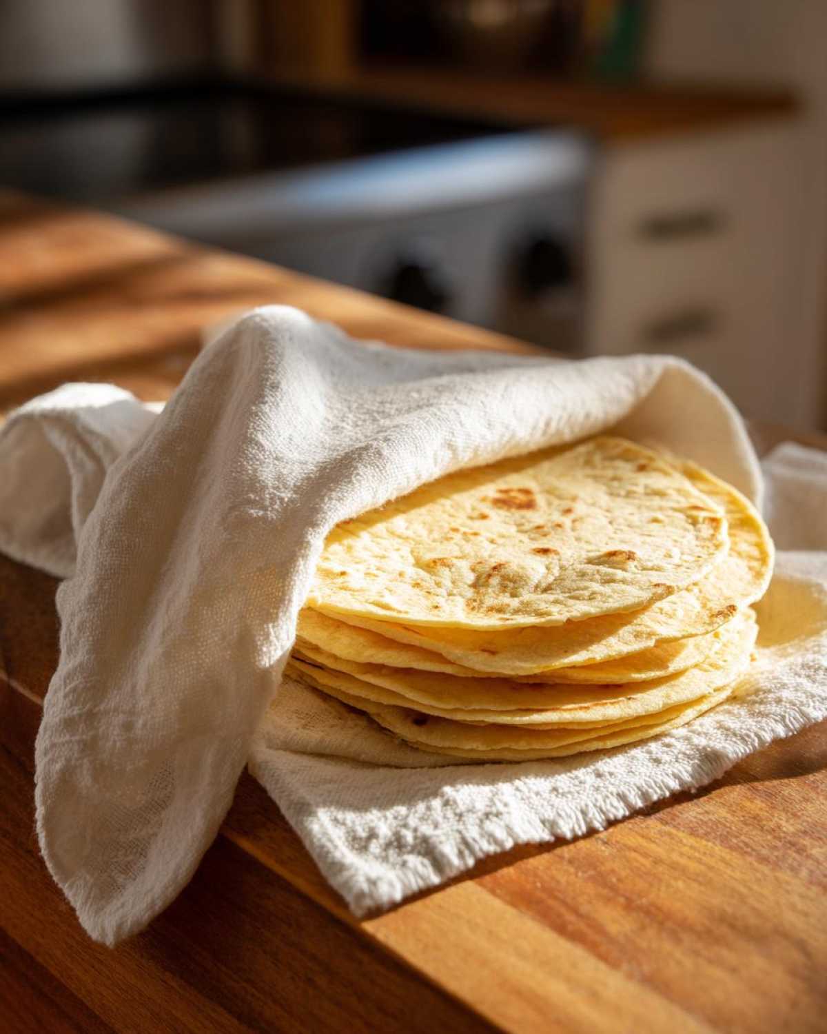 A stack of warm, homemade corn tortillas wrapped partially in a white cloth on a wooden surface.