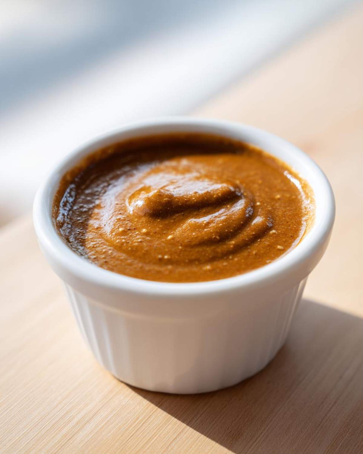A close-up of thick, rich peanut sauce swirled in a small white ramekin, sitting on a light wooden surface.