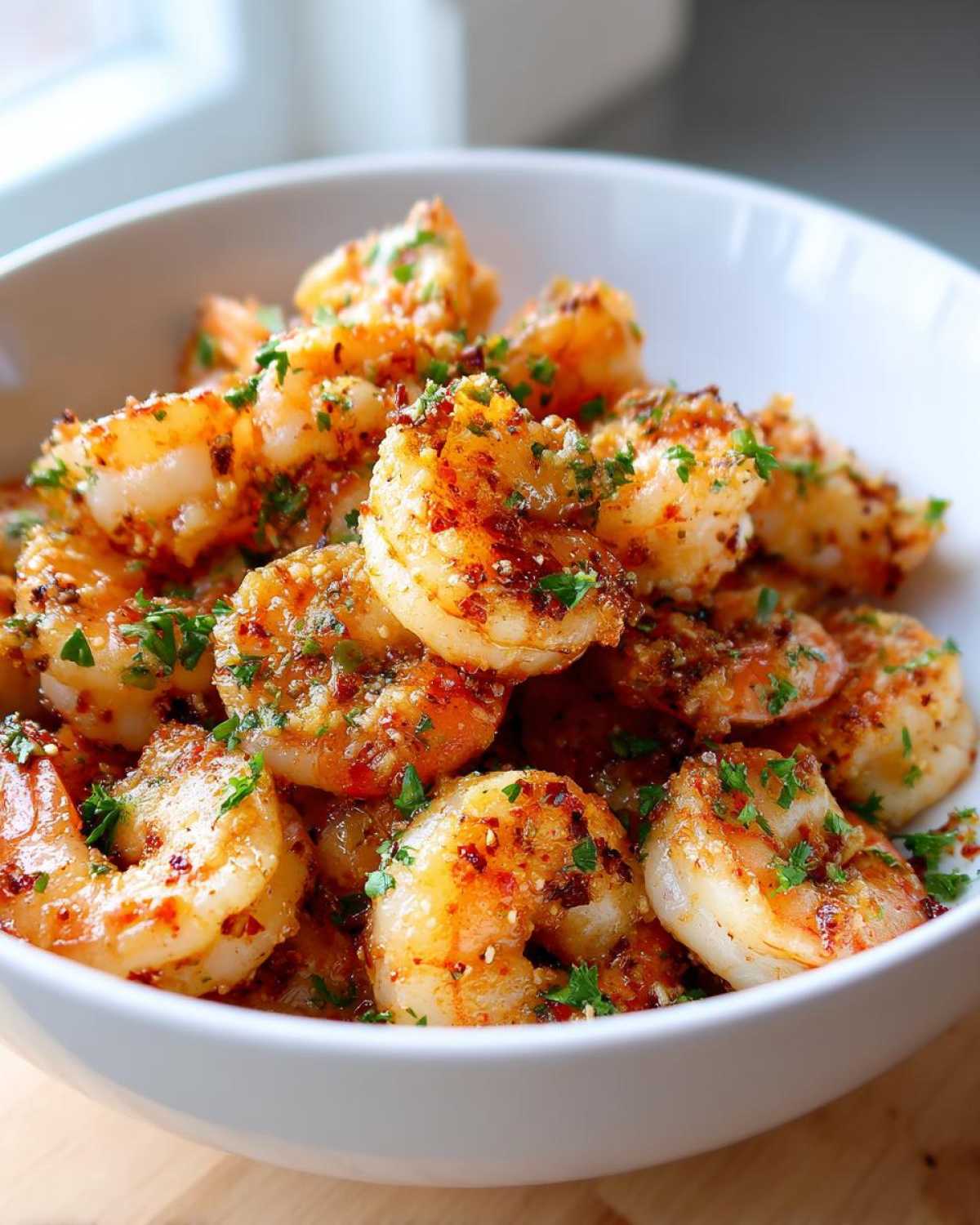 Close-up of seasoned and cooked air fryer frozen shrimp piled high in a white bowl, garnished with parsley.