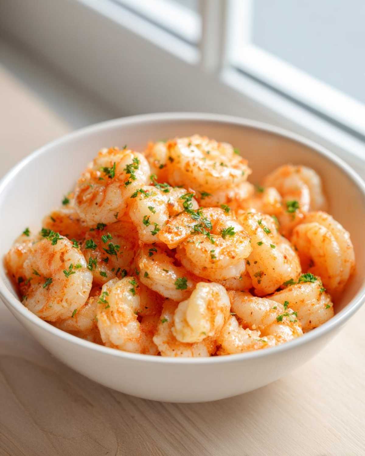 A white bowl filled with seasoned, cooked air fryer frozen shrimp, garnished with fresh parsley.