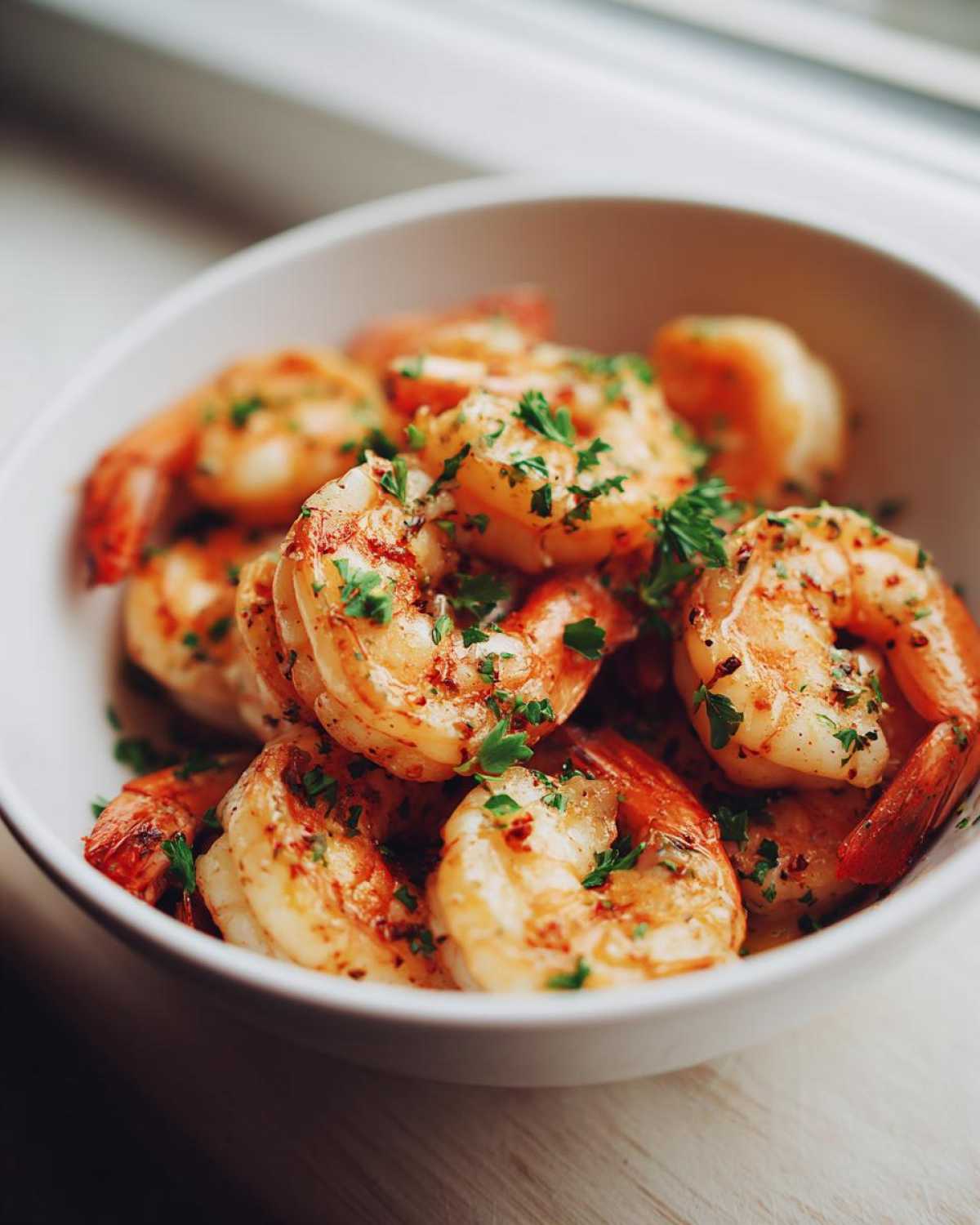 Close-up of perfectly cooked air fryer frozen shrimp seasoned and topped with fresh parsley in a white bowl.