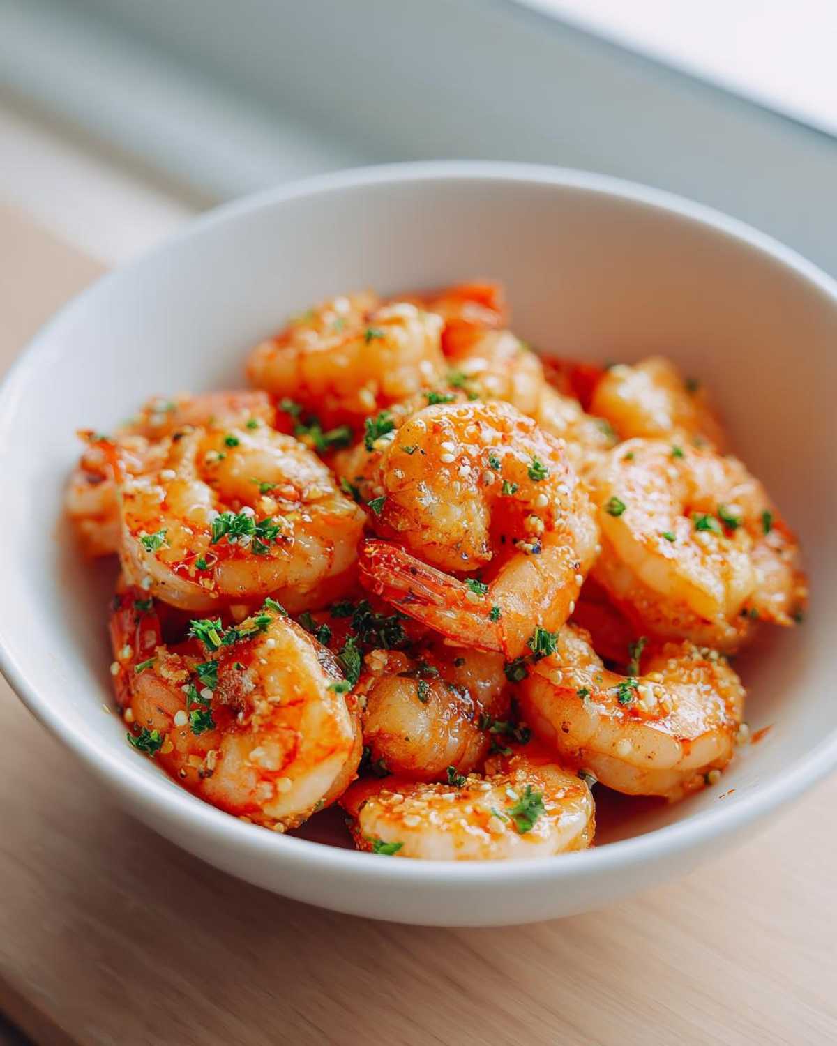 Close-up of glossy, seasoned air fryer frozen shrimp garnished with parsley in a white bowl.