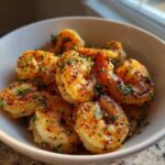 Close-up of golden, seasoned air fryer frozen shrimp garnished with parsley in a white bowl.