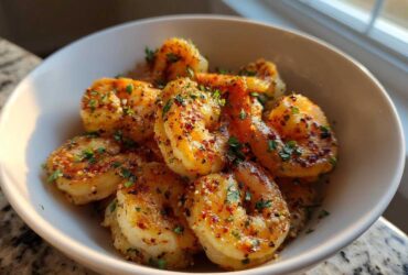 Close-up of golden, seasoned air fryer frozen shrimp garnished with parsley in a white bowl.