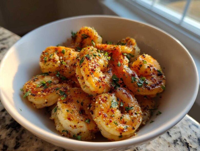 Close-up of golden, seasoned air fryer frozen shrimp garnished with parsley in a white bowl.