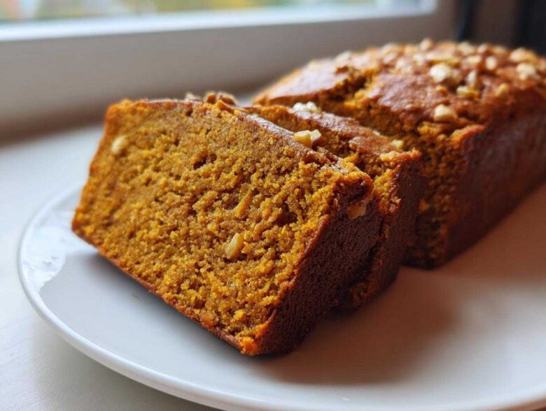 Close-up of moist, orange-hued pumpkin bread slices topped with nuts on a white plate.