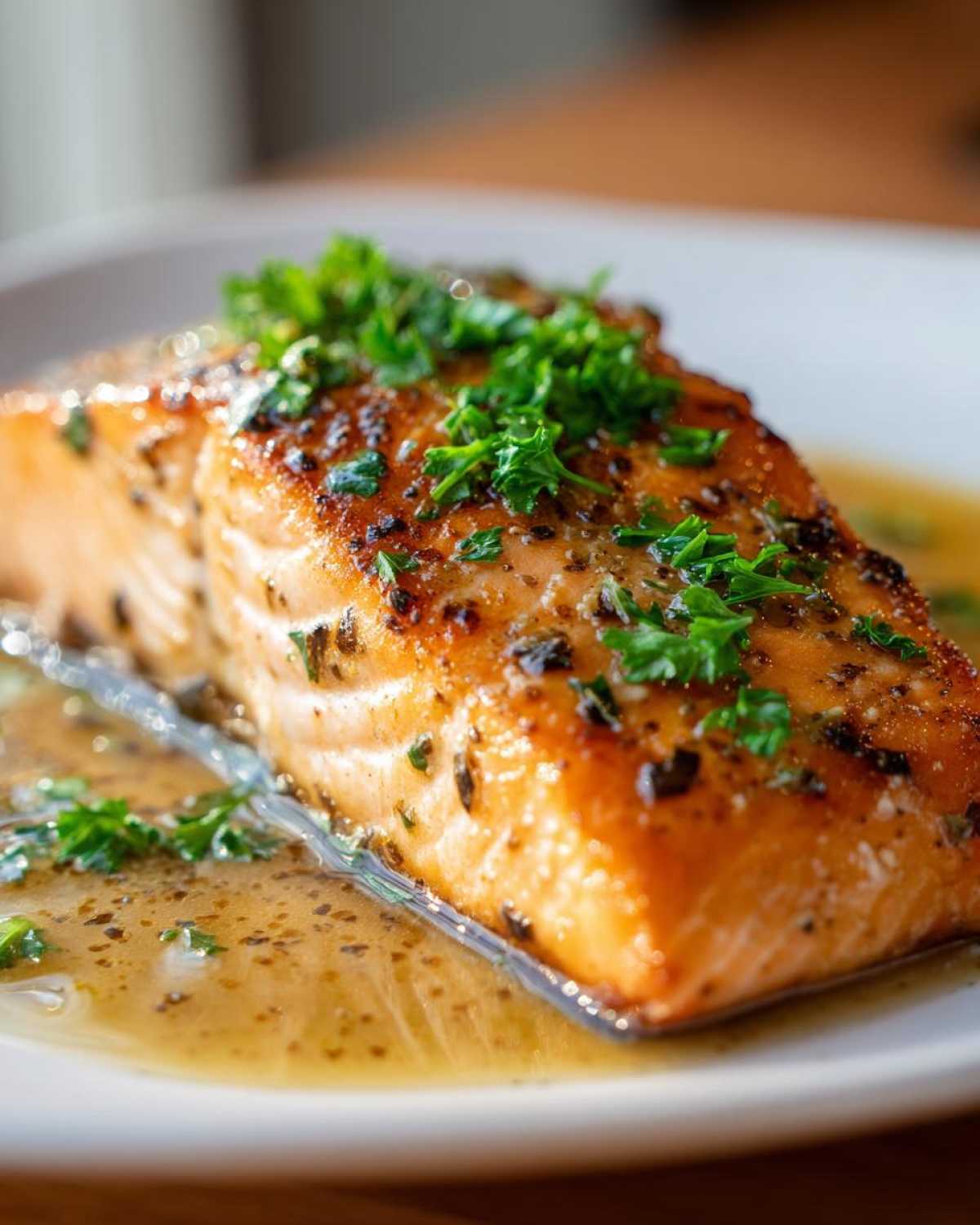 Close-up of a perfectly cooked piece of salmon topped with fresh parsley and sitting in a buttery sauce.