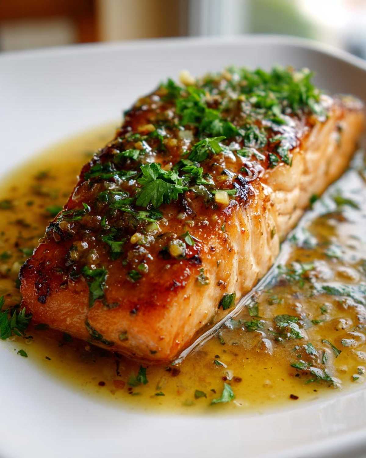 Close-up of a perfectly cooked salmon fillet topped with a bright herb and garlic glaze, sitting in a pool of sauce.