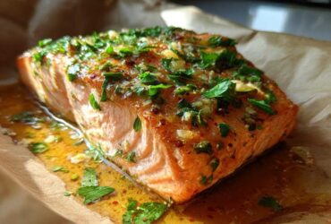 Close-up of a juicy, baked salmon fillet topped with fresh parsley and garlic glaze, resting on parchment paper.