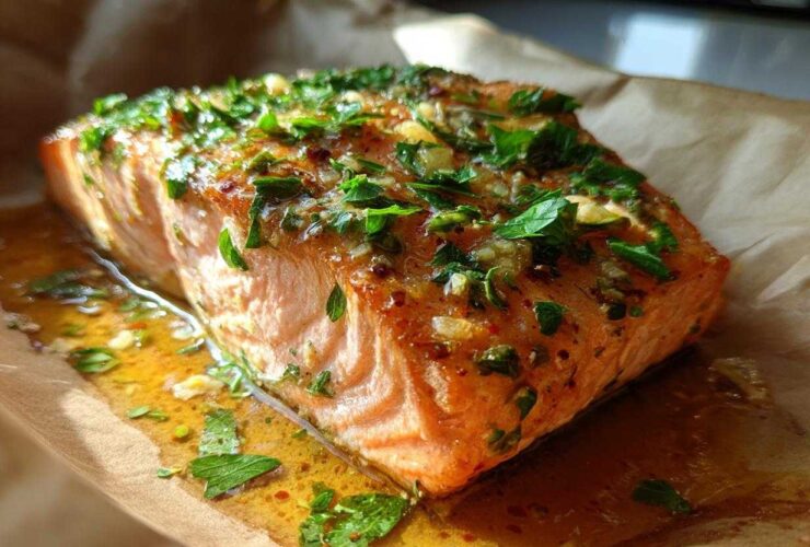Close-up of a juicy, baked salmon fillet topped with fresh parsley and garlic glaze, resting on parchment paper.
