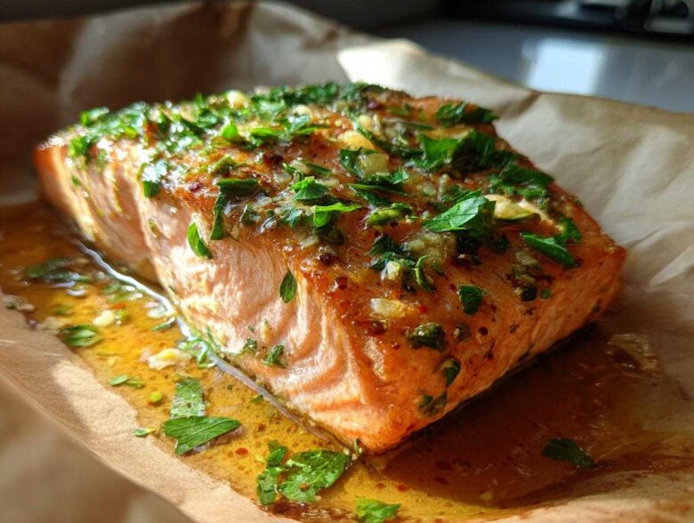 Close-up of a juicy, baked salmon fillet topped with fresh parsley and garlic glaze, resting on parchment paper.