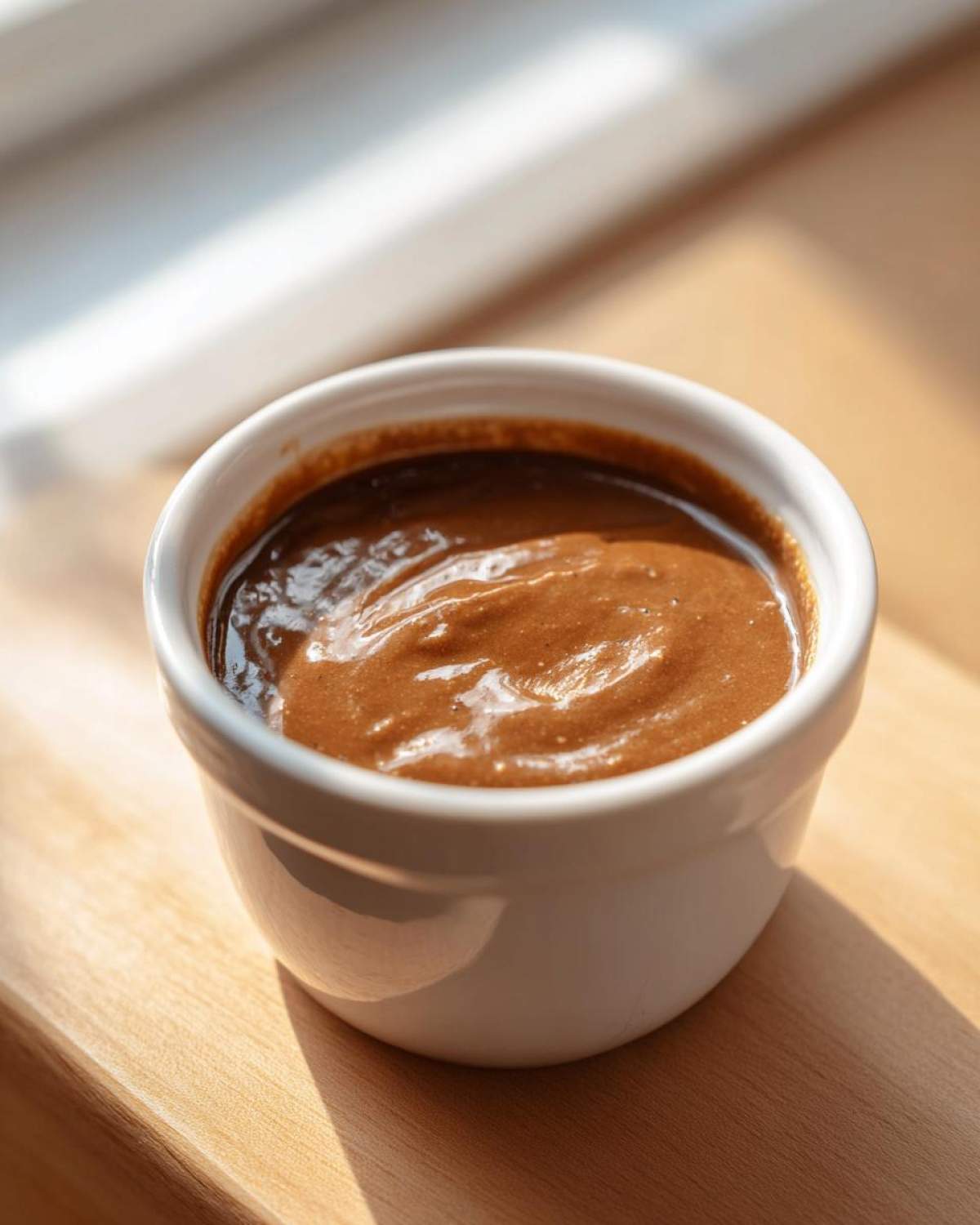 A close-up of thick, rich brown peanut sauce served in a small white ramekin, highlighted by natural sunlight.
