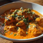A close-up shot of rich, orange-red butter chicken pieces submerged in creamy sauce and garnished with fresh cilantro.