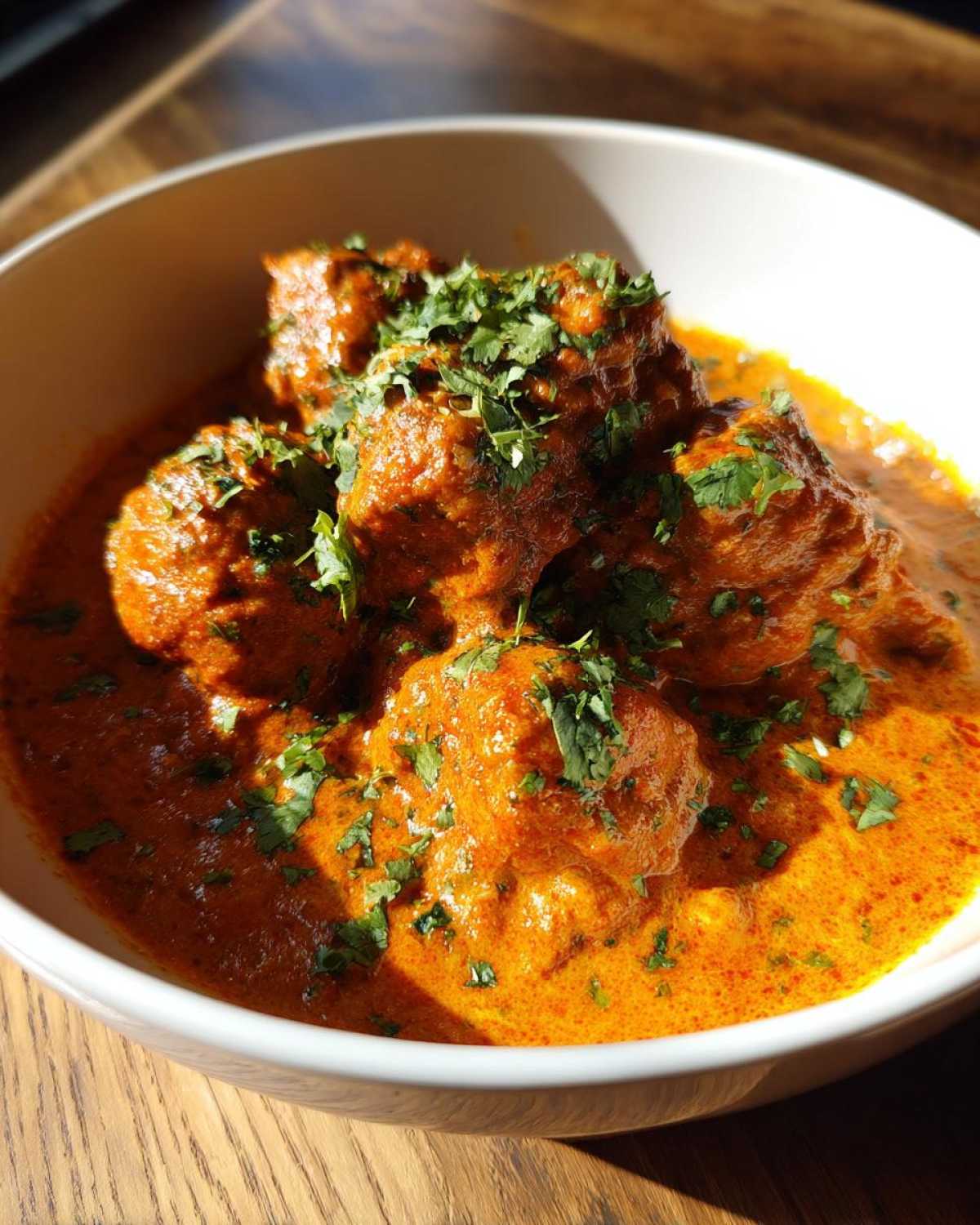 Close-up of rich, orange-red butter chicken pieces generously garnished with fresh cilantro in a white bowl.