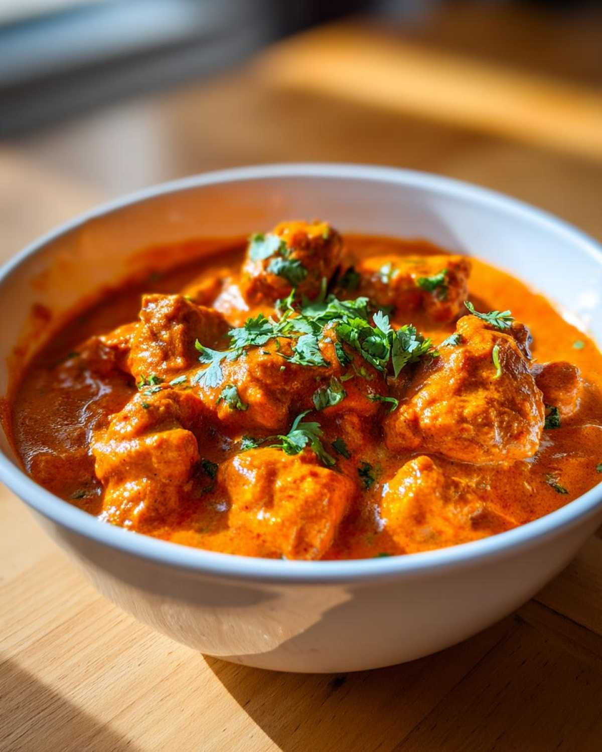 A close-up shot of tender chicken pieces swimming in a vibrant orange, creamy sauce, garnished with fresh cilantro, representing amazing butter chicken.