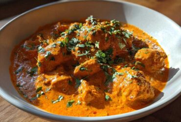 A close-up shot of rich, orange-red butter chicken pieces submerged in creamy sauce and garnished with fresh cilantro.