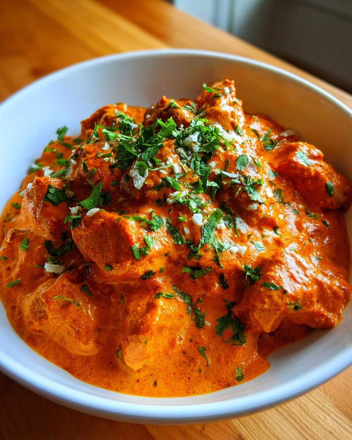 Close-up of rich, orange-red butter chicken pieces covered in creamy sauce, garnished with fresh cilantro.