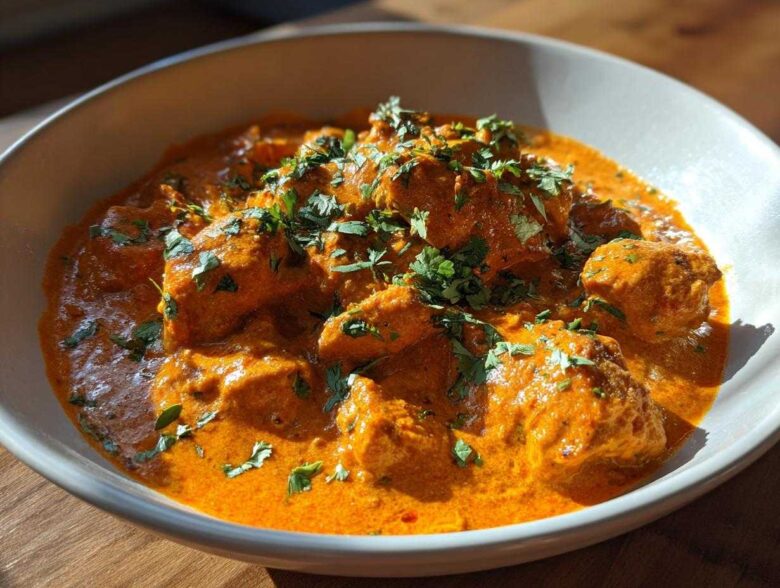 A close-up shot of rich, orange-red butter chicken pieces submerged in creamy sauce and garnished with fresh cilantro.