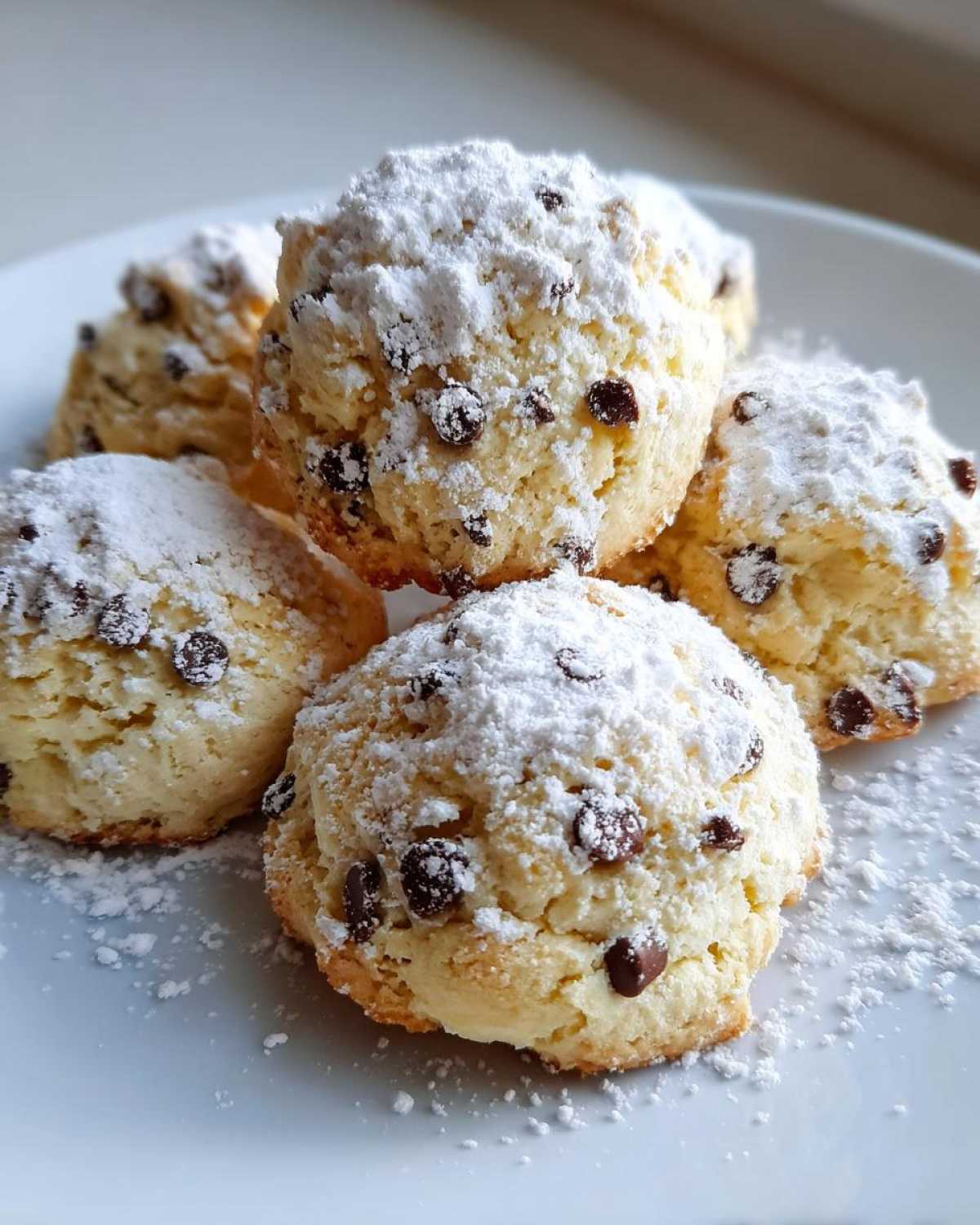A stack of five soft, round cannoli cookies studded with mini chocolate chips and generously dusted with powdered sugar.