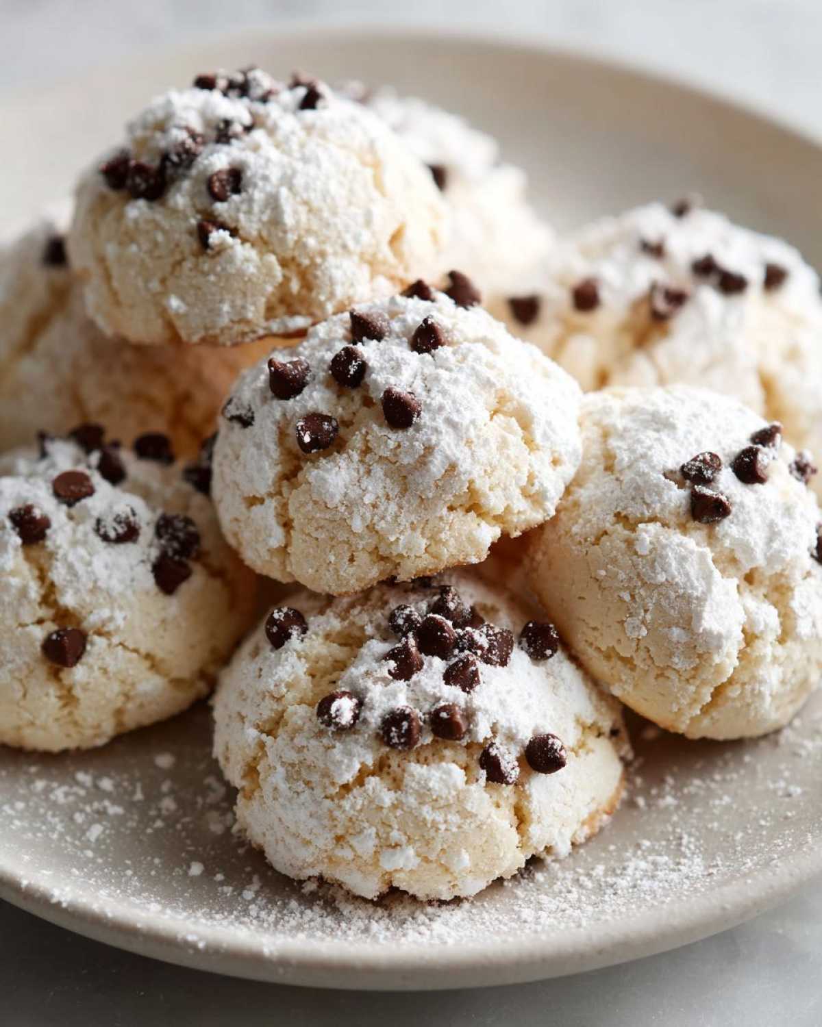 A close-up of several soft, round cannoli cookies dusted heavily with powdered sugar and topped with mini chocolate chips.