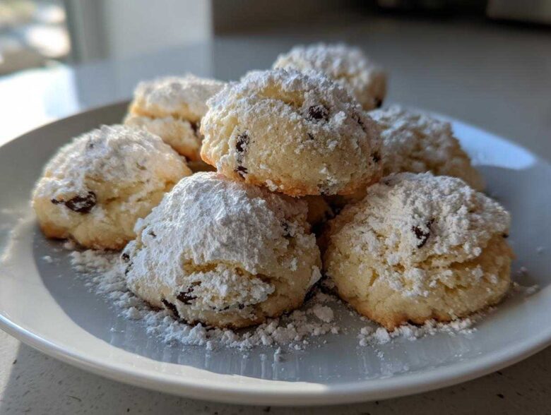 A stack of freshly baked cannoli cookies generously dusted with powdered sugar on a white plate.