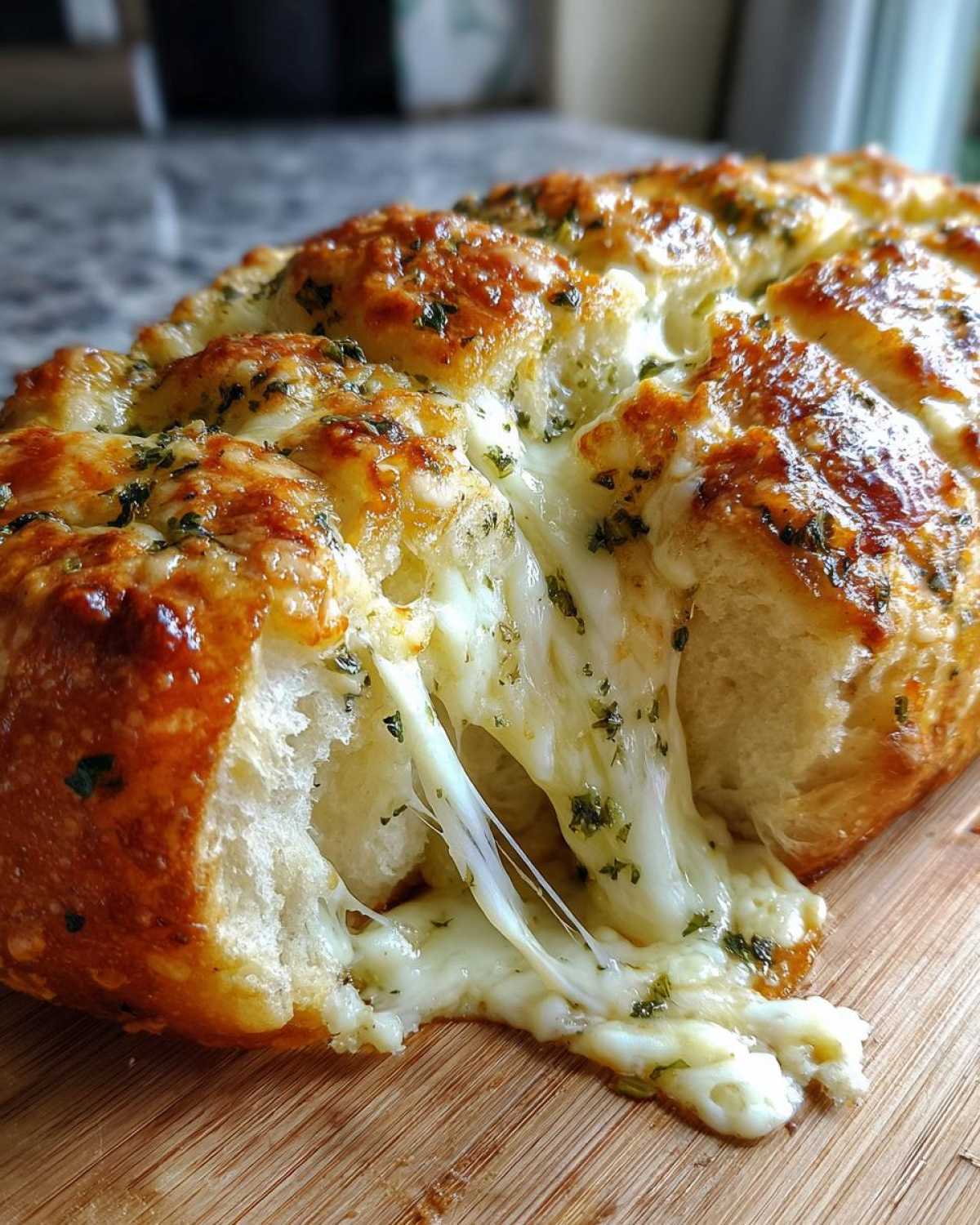 Close-up of hot, gooey cheese bread being pulled apart, showing long, stretchy cheese strands.