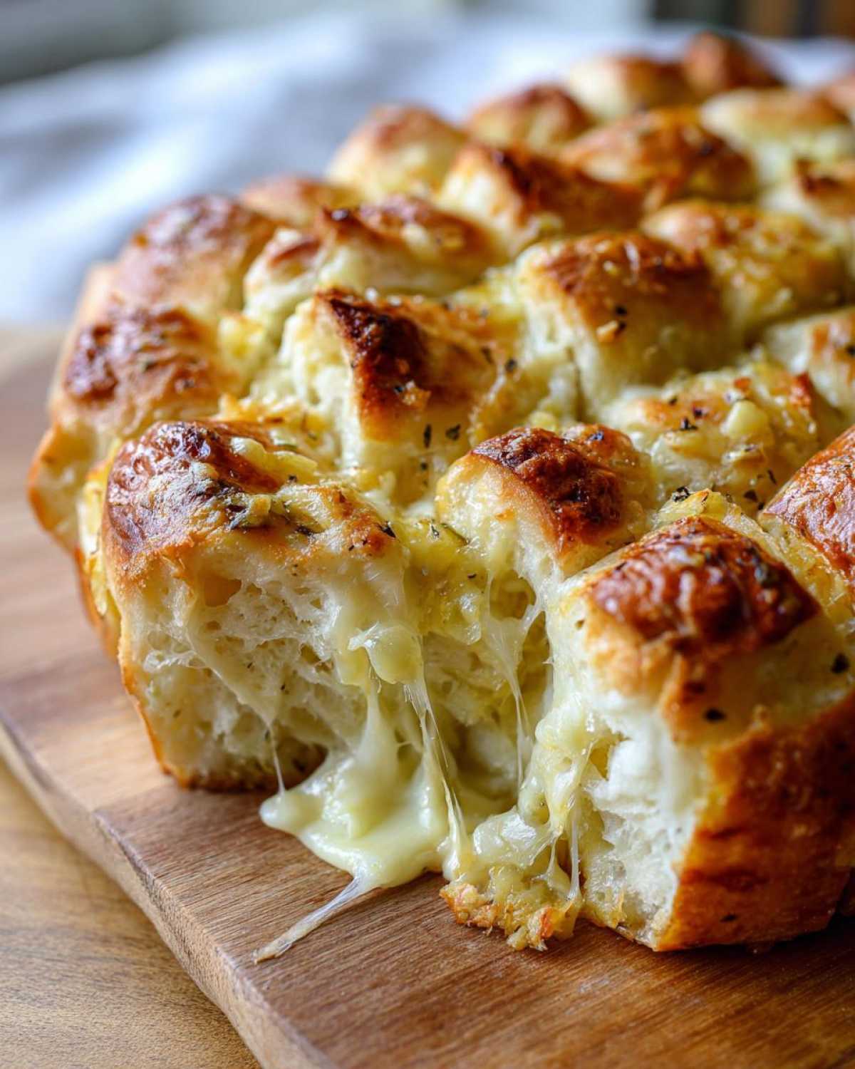 Close-up of amazing cheese bread being pulled apart, showing long, gooey cheese strings.