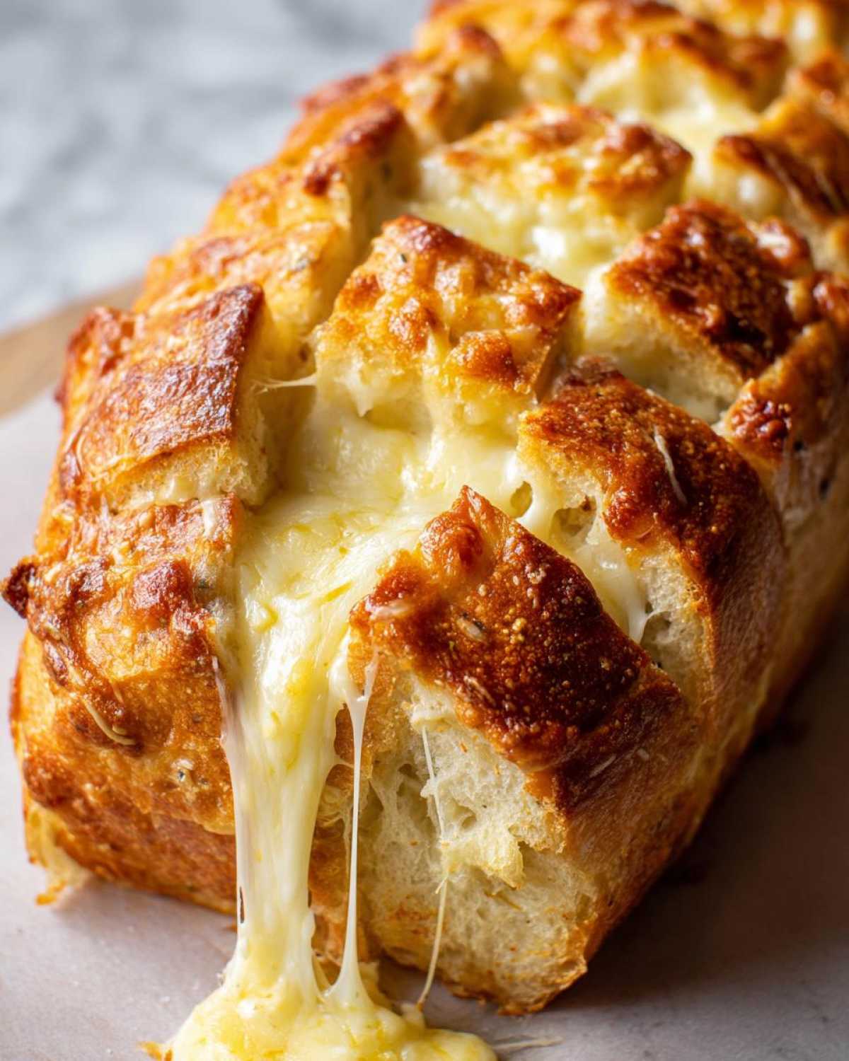 Close-up of baked cheese bread with golden crust and melted cheese stretching out as a piece is pulled away.