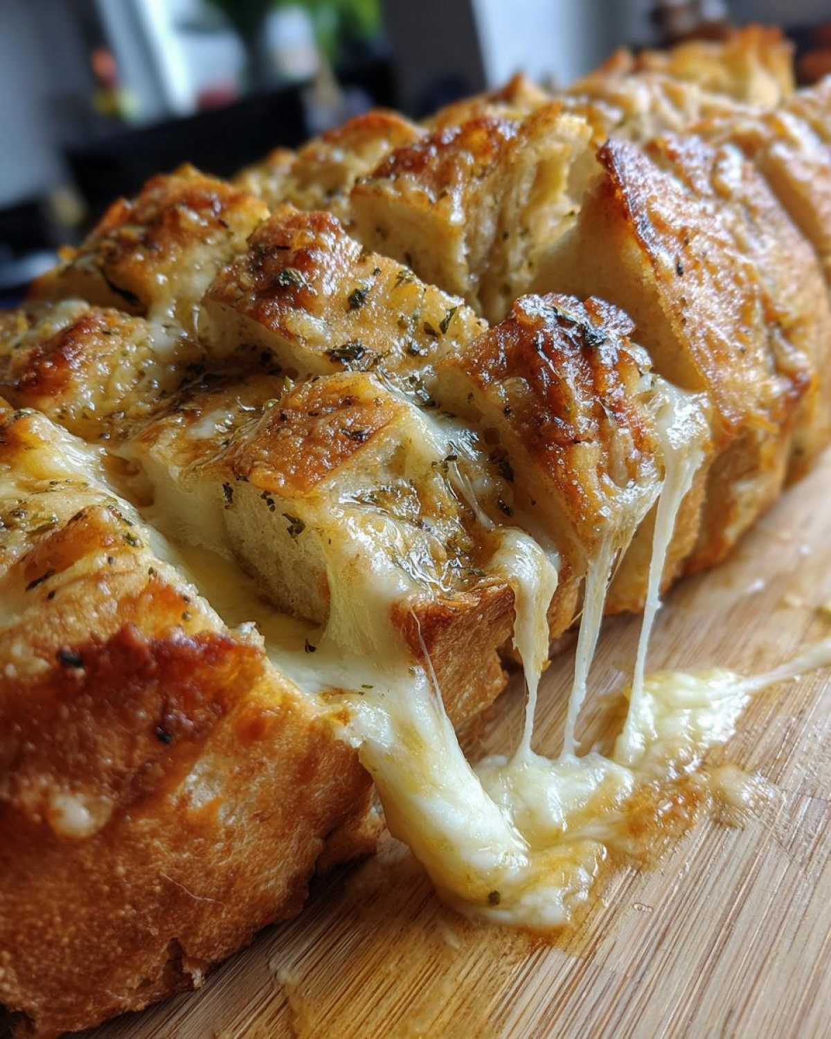 Close-up of a baked loaf of cheese bread, cut into squares, with melted cheese stretching dramatically.
