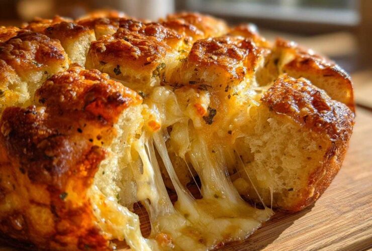 Close-up of a golden-brown, baked cheese bread being pulled apart, showing long, gooey cheese strings.