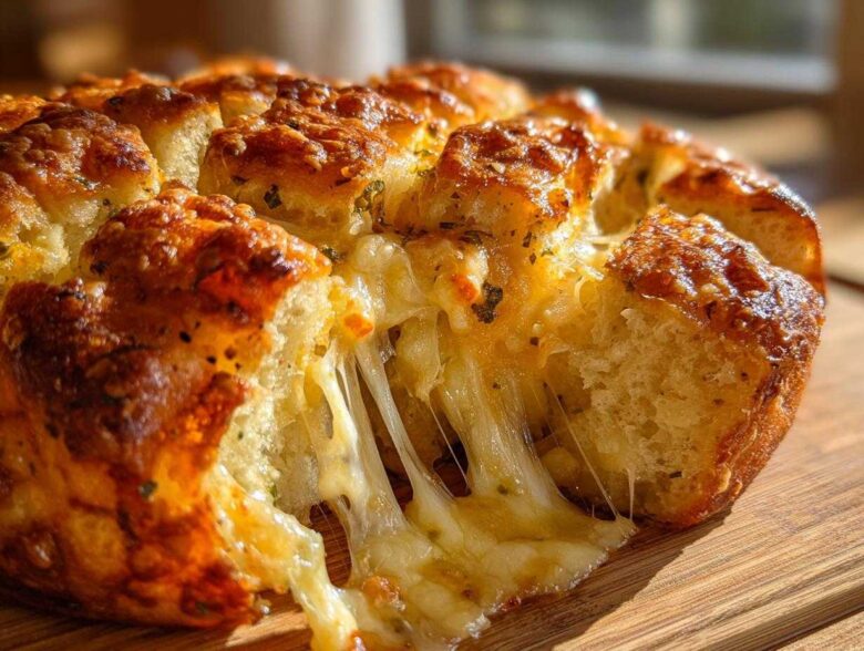 Close-up of a golden-brown, baked cheese bread being pulled apart, showing long, gooey cheese strings.