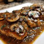 Three golden-brown chicken breasts smothered in rich brown sauce and topped with sliced mushrooms, ready to serve as Chicken Marsala.