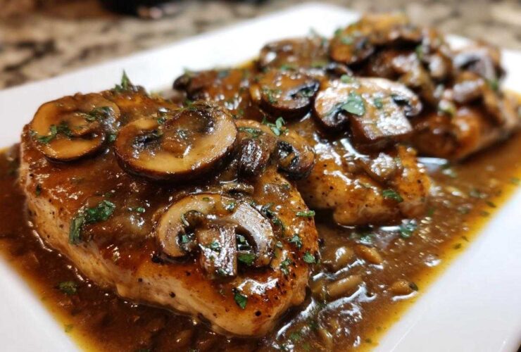 Three golden-brown chicken breasts smothered in rich brown sauce and topped with sliced mushrooms, ready to serve as Chicken Marsala.