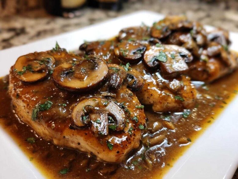 Three golden-brown chicken breasts smothered in rich brown sauce and topped with sliced mushrooms, ready to serve as Chicken Marsala.
