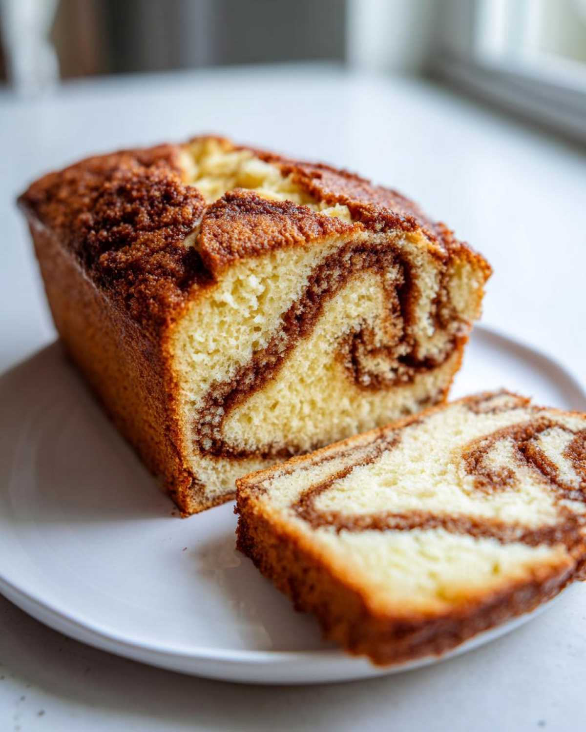 A golden-brown loaf of cinnamon bread, partially sliced, showing a beautiful brown cinnamon swirl inside.
