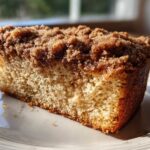 Close-up of a moist slice of coffee cake featuring a thick, dark brown cinnamon streusel topping.