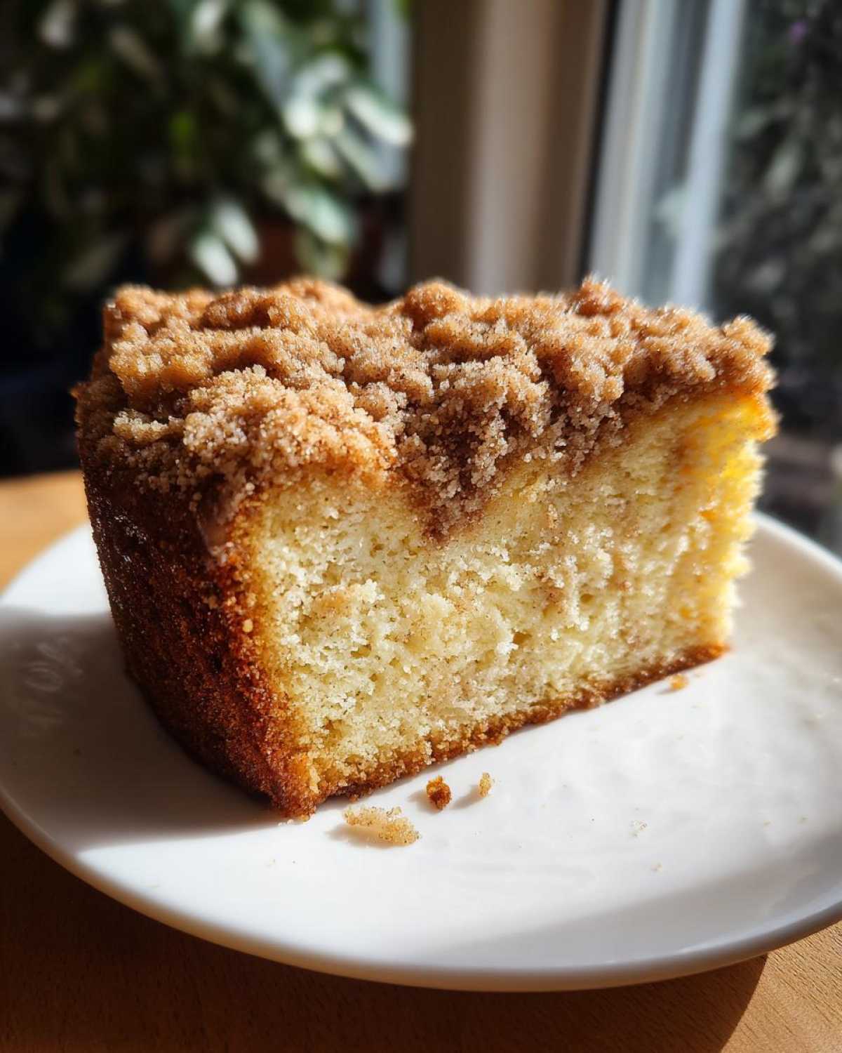 A close-up shot of a moist slice of coffee cake featuring a thick, sugary cinnamon crumb topping.