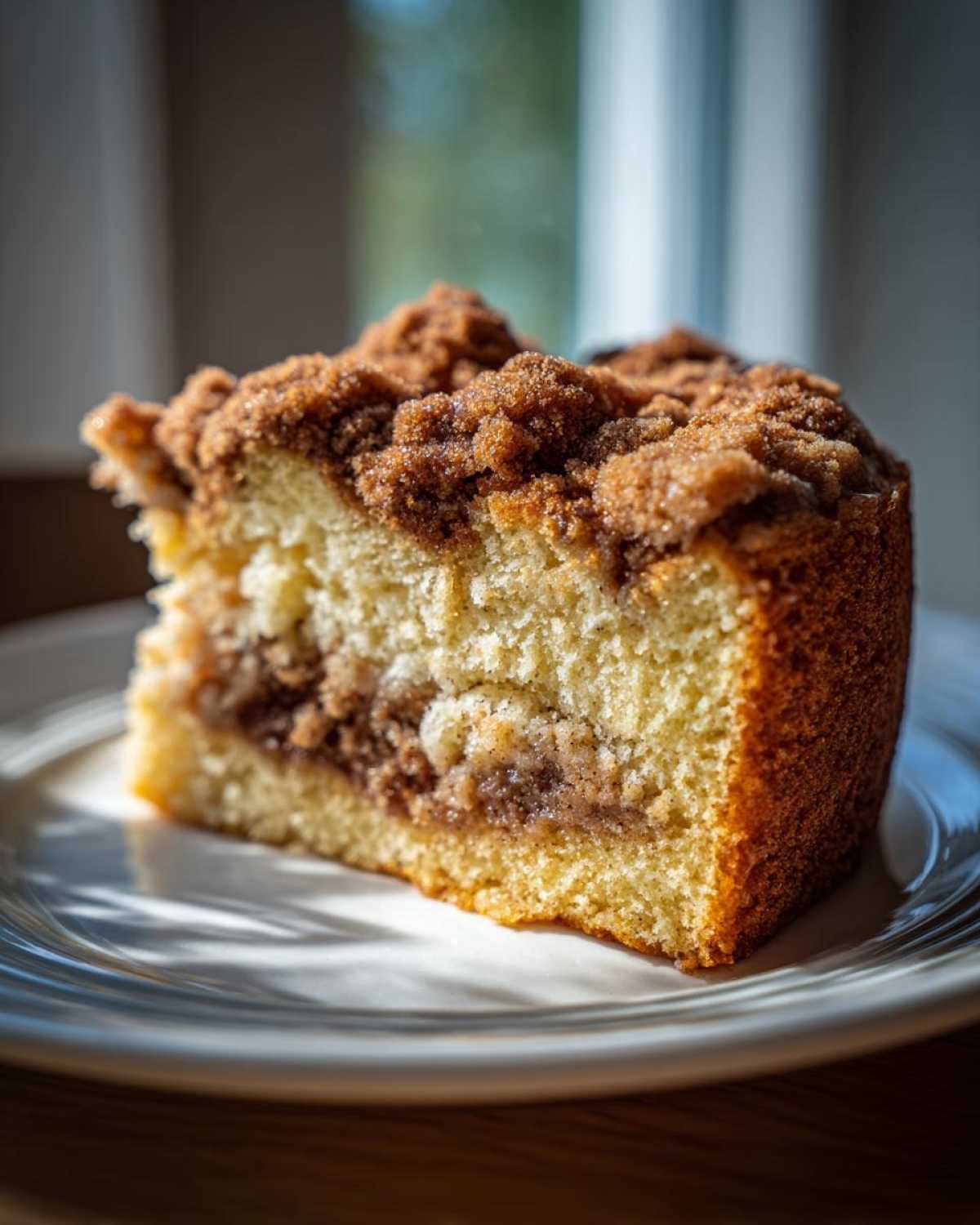 Close-up of a moist slice of coffee cake featuring a thick, sugary cinnamon crumb topping.